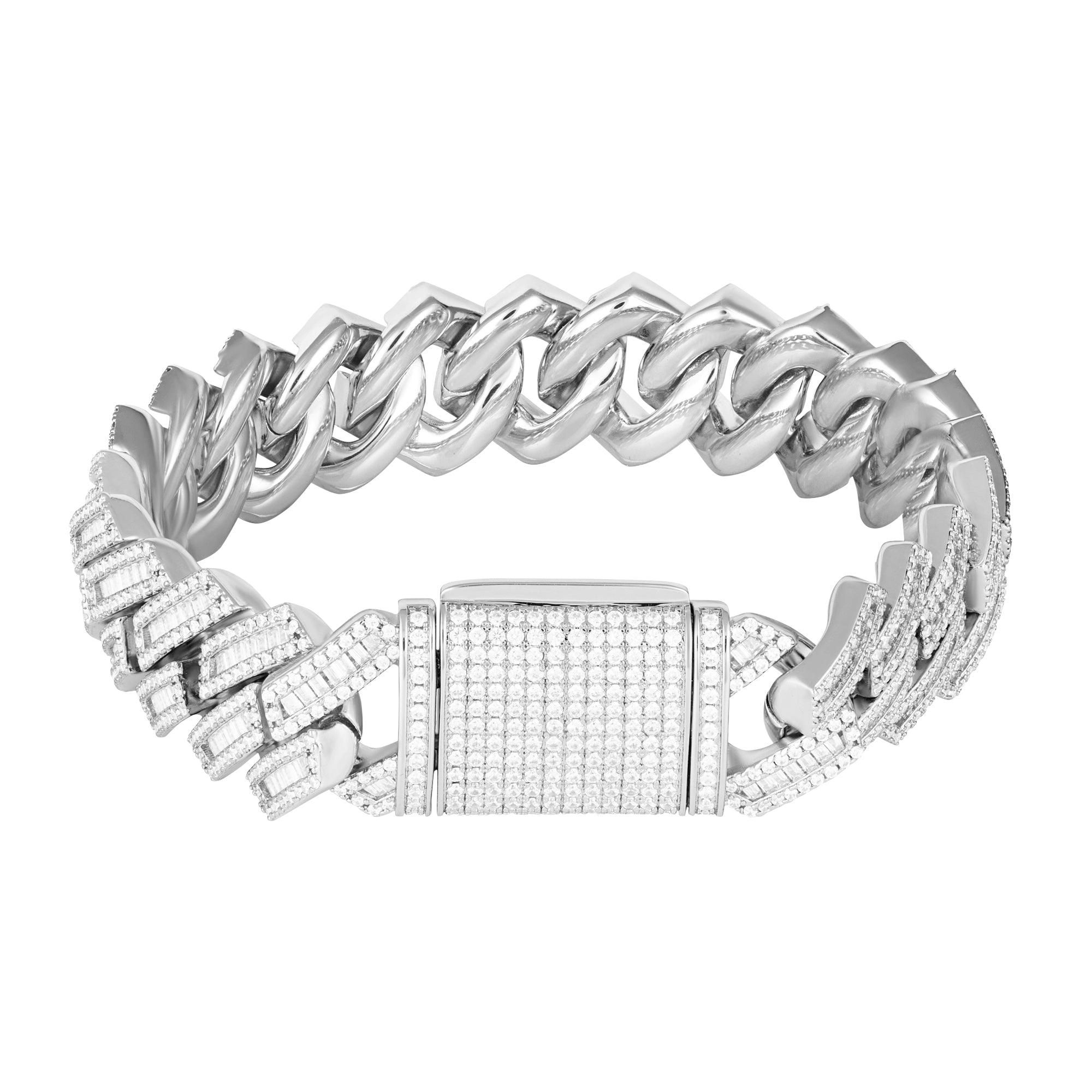 Bransoletka Baguette Prong Cuban Link 15mm Białe Złoto - IcedStuff
