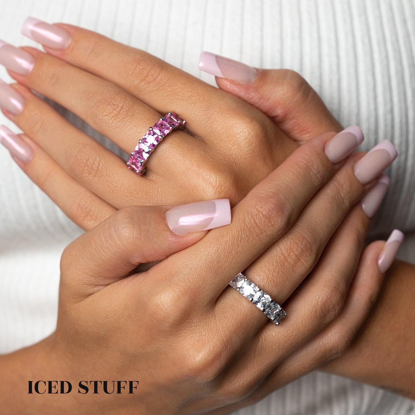 PIERŚCIONEK TENNIS SQUARE PINK S925 - IcedStuff