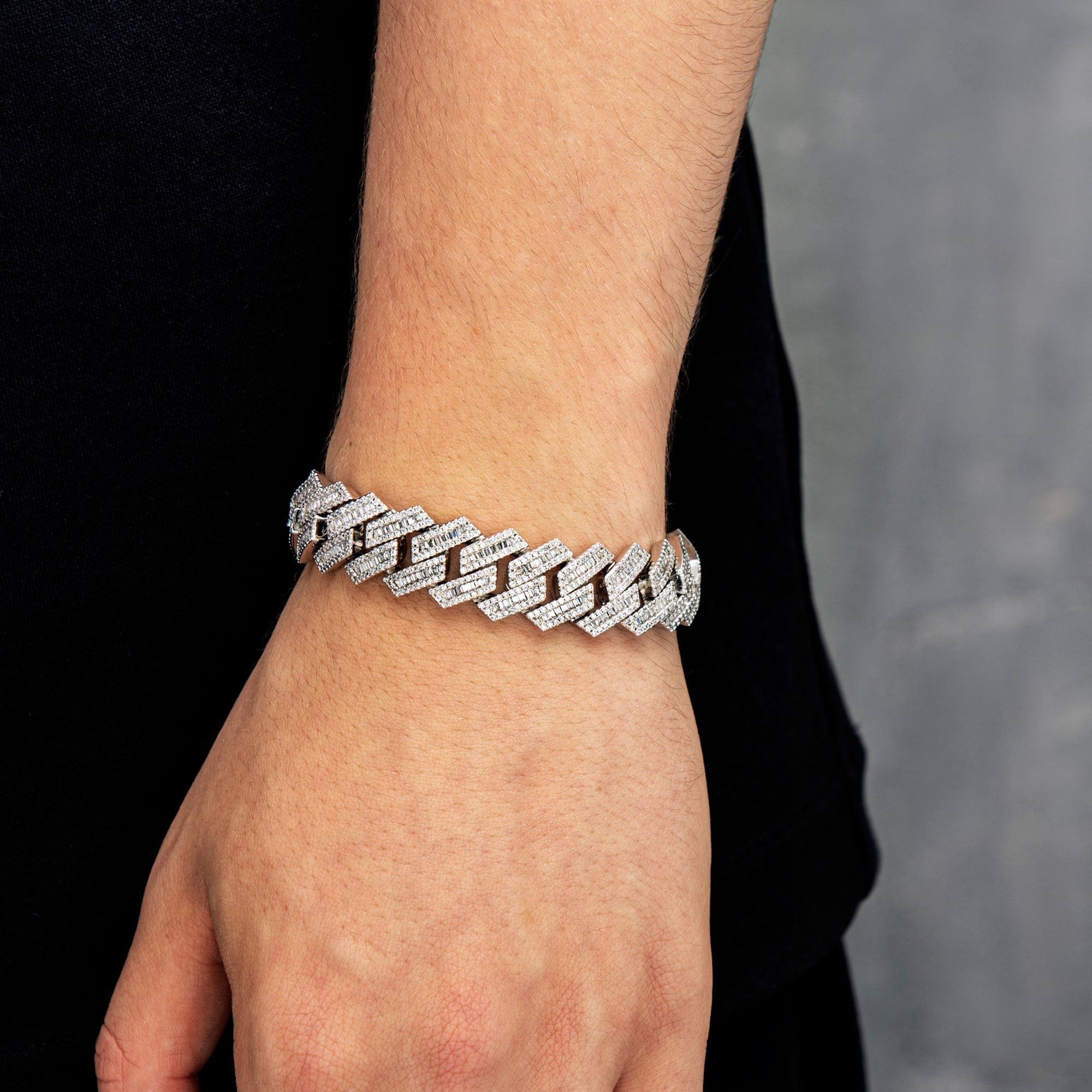 Baguette Prong Cuban Link Armband 15mm Weißgold