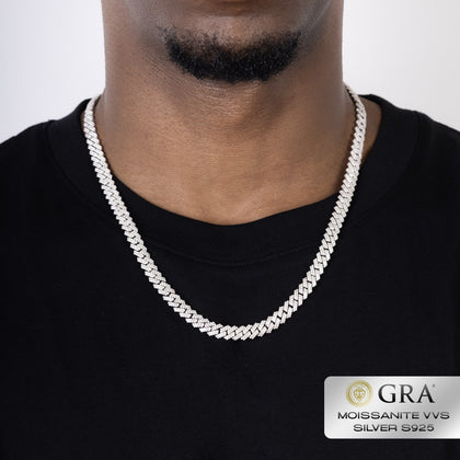 Diamant-Zinkenkette mit kubanischer Gliederkette, 8 mm, Moissanit VVS, S925 Weißgold